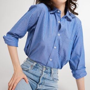 MILLIE SOFIA TOP IN HARBOR STRIPE SIZE XS OVERSIZED COTTON BUTTON UP BLUE